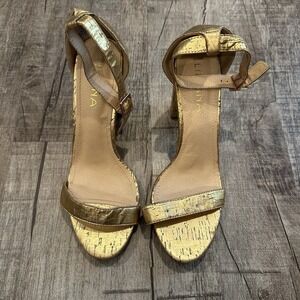 Liliana Shoes Morelo Gold Cork‎ Ankle Strap Heels Open Toe Women's Size 9